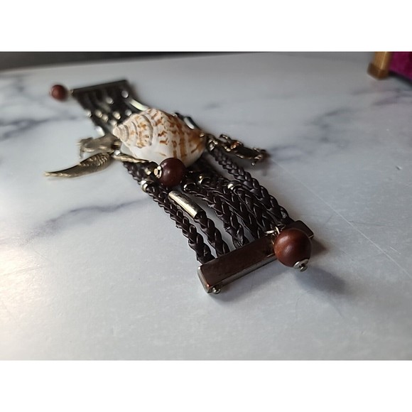 Braided Faux Leather Shell And Bird Charm Bracelet, Magnetic Closure - Picture 6 of 10